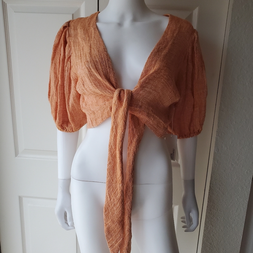 LISA MARIE FERNANDEZ NWT orange pouf cropped linen-blend gauze wrap top size 3